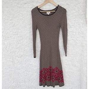ECI New York Sweater Dress Patterned Knit Long Sleeve Red Geometric‎ Hem XS